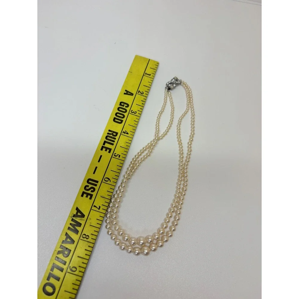 Vintage Double Strand Faux Pearl Necklace Art Deco Rhinestone Clasp Cream 16